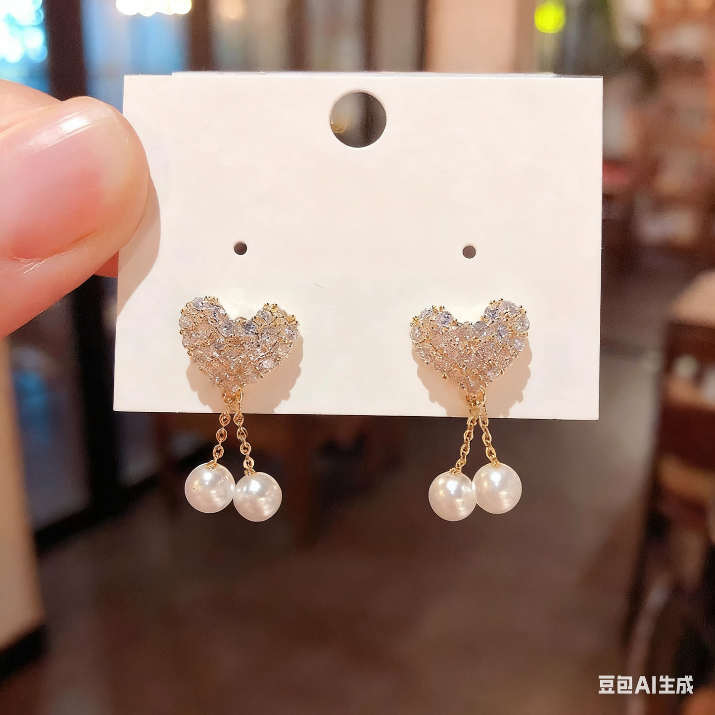 14K Gold-Plated Luxury Zircon Diamond Heart Pearl Tassel Earrings