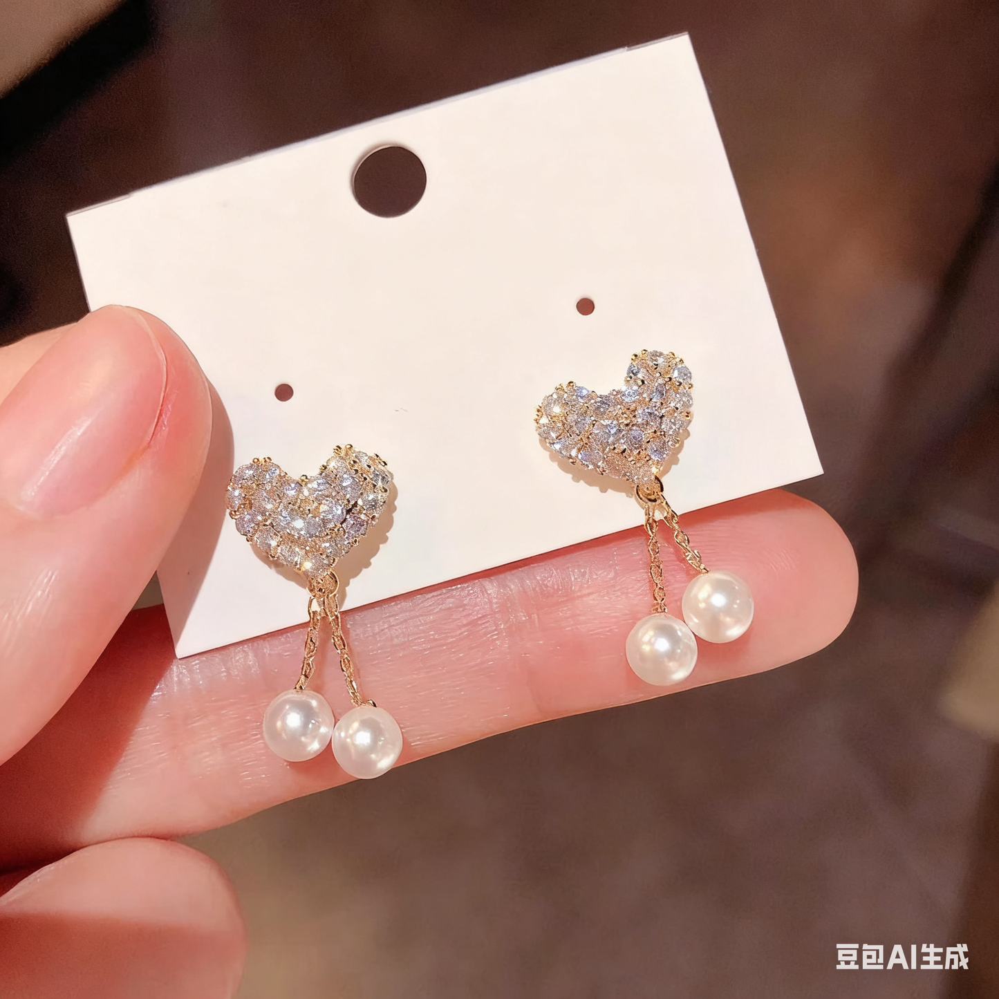 14K Gold-Plated Luxury Zircon Diamond Heart Pearl Tassel Earrings