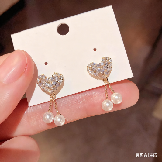 14K Gold-Plated Luxury Zircon Diamond Heart Pearl Tassel Earrings