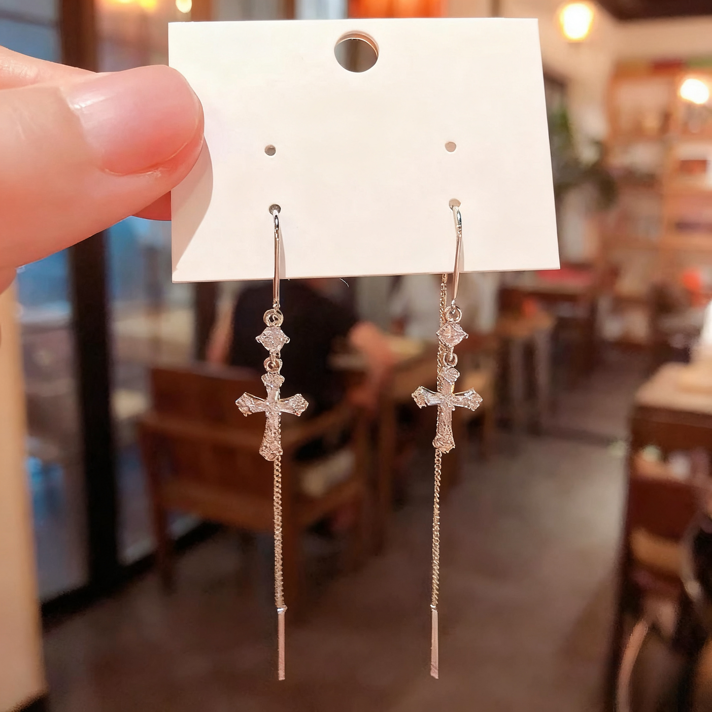 14K Gold-Plated Luxury Zircon Diamond Cross Threader Earrings