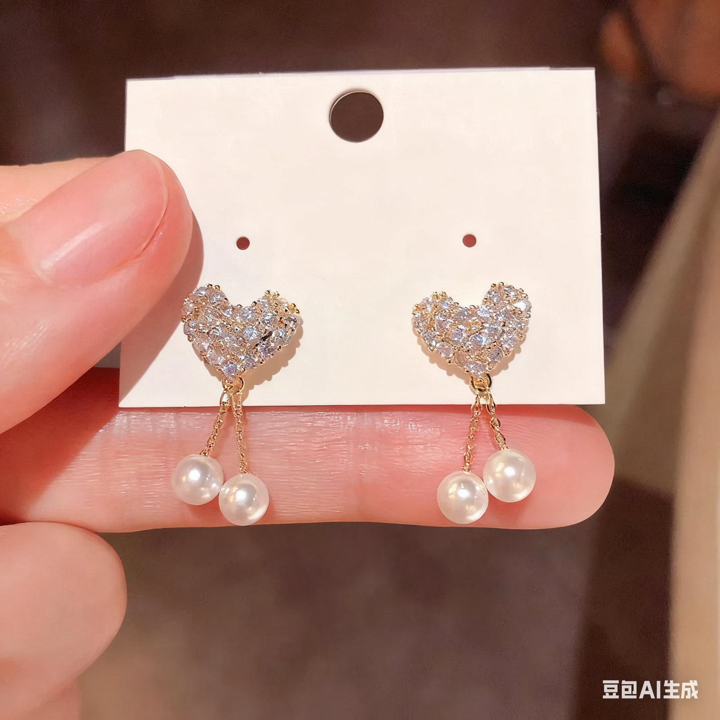 14K Gold-Plated Luxury Zircon Diamond Heart Pearl Tassel Earrings