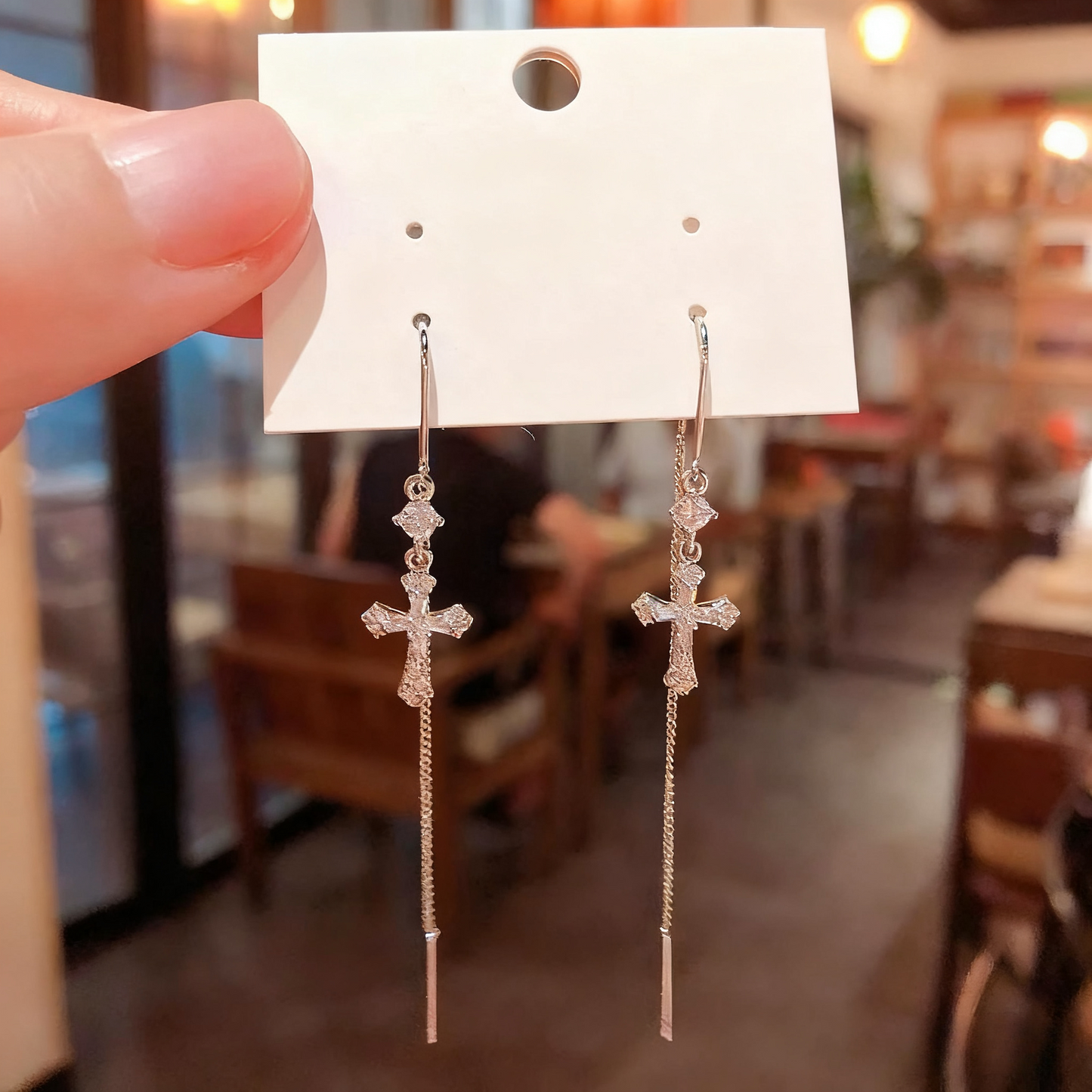 14K Gold-Plated Luxury Zircon Diamond Cross Threader Earrings