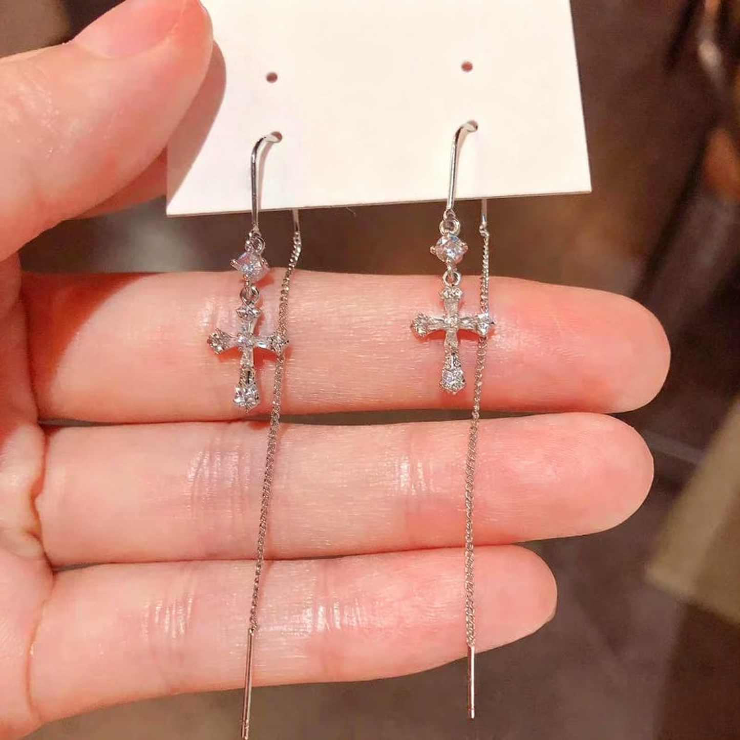 14K Gold-Plated Luxury Zircon Diamond Cross Threader Earrings