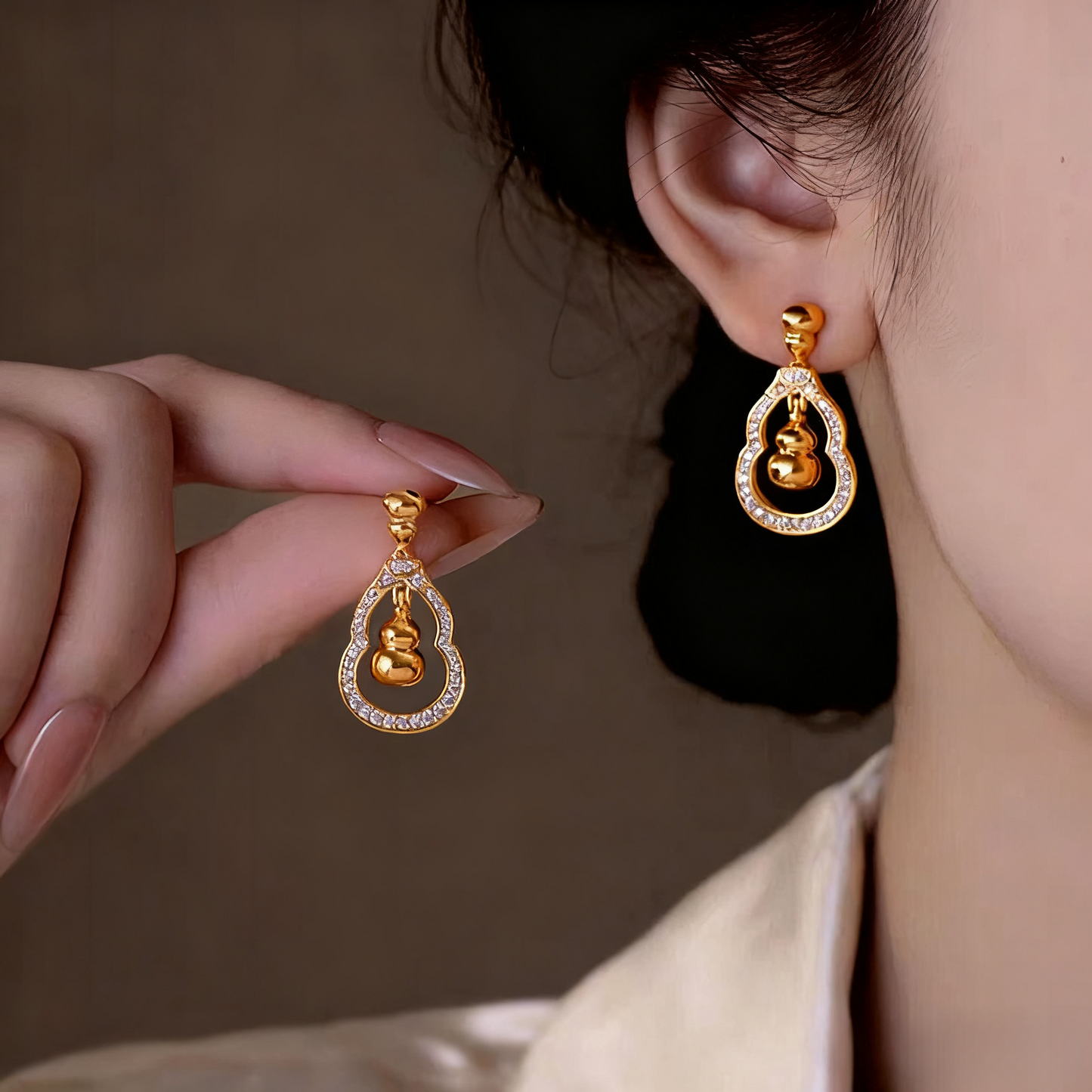 14K Gold-Plated Luxury Zircon Diamond Gourd Earrings