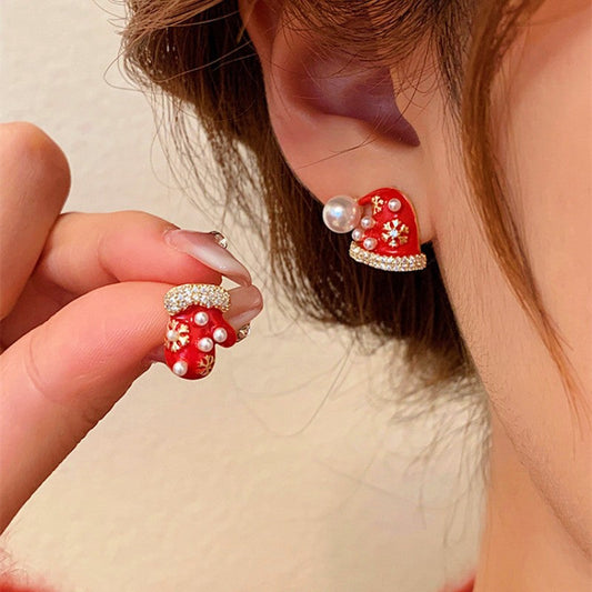 Silver Post Christmas Hat & Gloves Stud Earrings