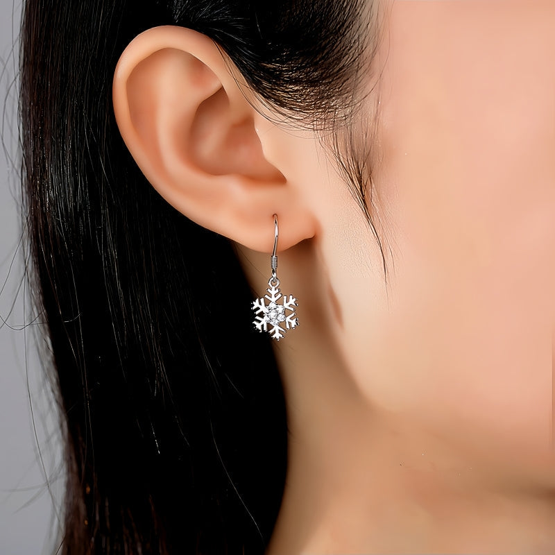 Sterling Silver Christmas Diamond Snowflake Ear Hook Earrings