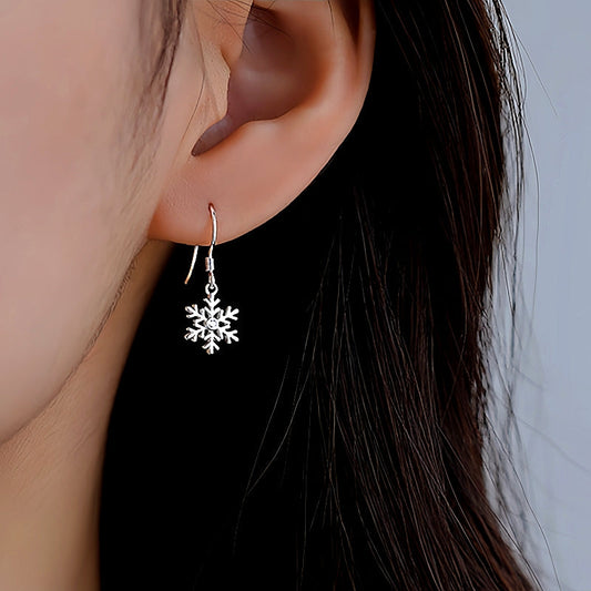 Sterling Silver Christmas Diamond Snowflake Ear Hook Earrings