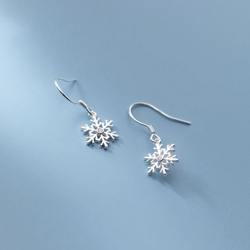 Sterling Silver Christmas Diamond Snowflake Ear Hook Earrings