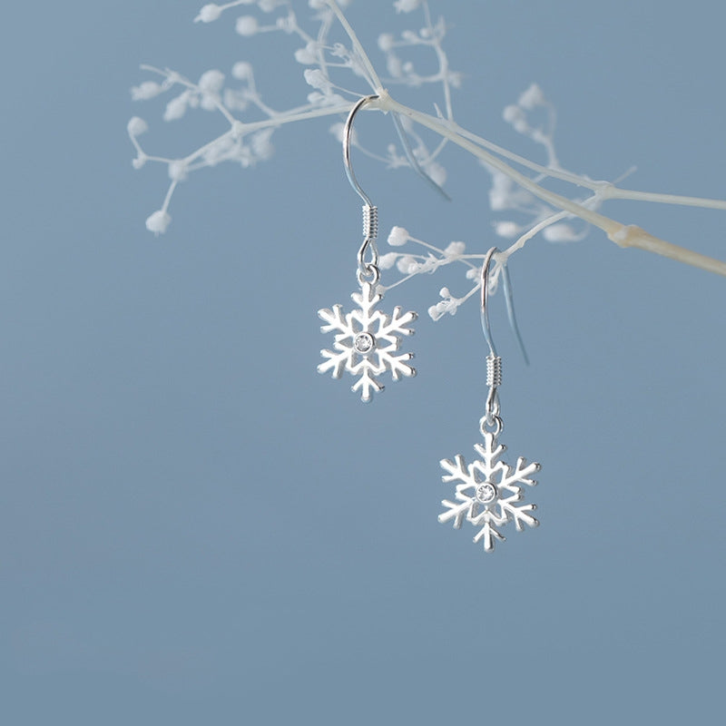 Sterling Silver Christmas Diamond Snowflake Ear Hook Earrings