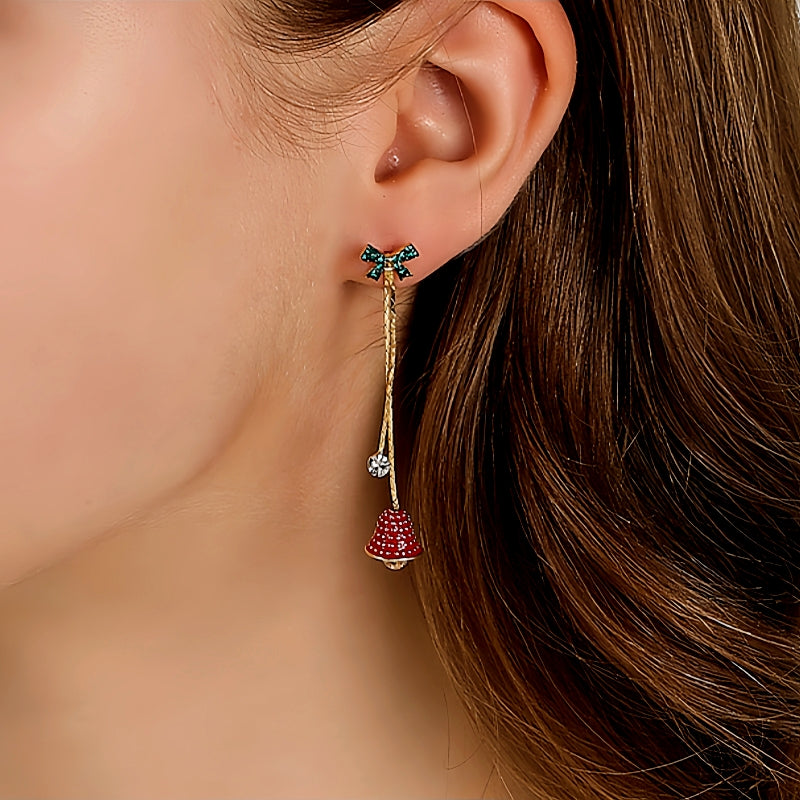 14K Gold-Plated Christmas Zircon Bell Bow Tassel Earrings