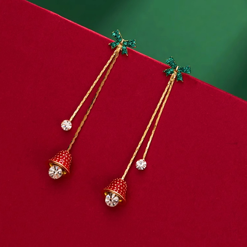 14K Gold-Plated Christmas Zircon Bell Bow Tassel Earrings