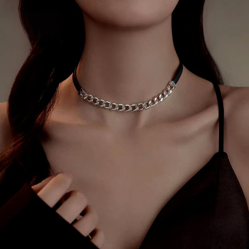 Elegant Black Leather Chain Choker