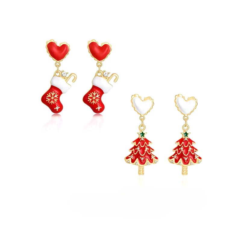 14K Gold-Plated 2025 Christmas Heart-Design Tree And Socks Earrings