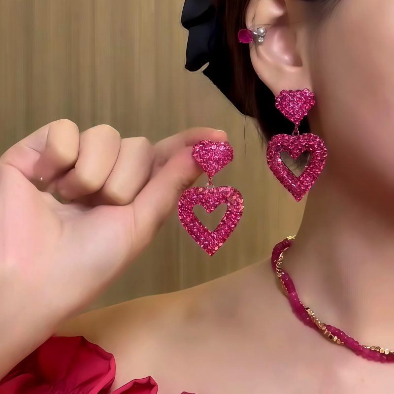 14K Gold-Plated 2025 Double-Layer Full Diamond Red Rose Heart Earrings