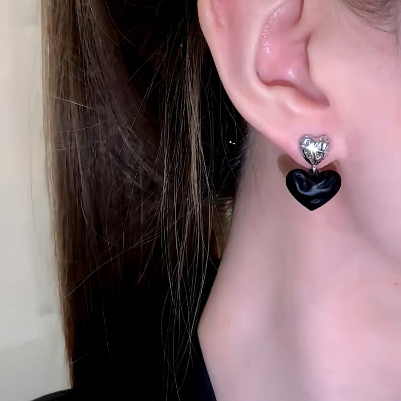 14K Gold-Plated 2025 Trendy Luxury Black And Silver Heart Earrings