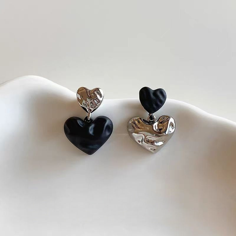 14K Gold-Plated 2025 Trendy Luxury Black And Silver Heart Earrings