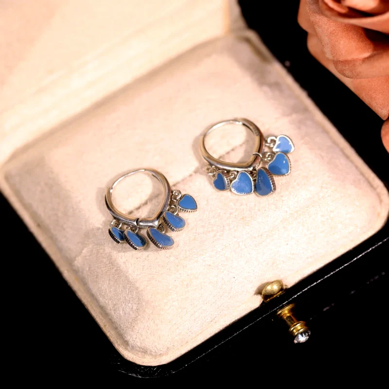 14K Gold-Plated And Sterling Silver Blue Heart Tassel Earrings