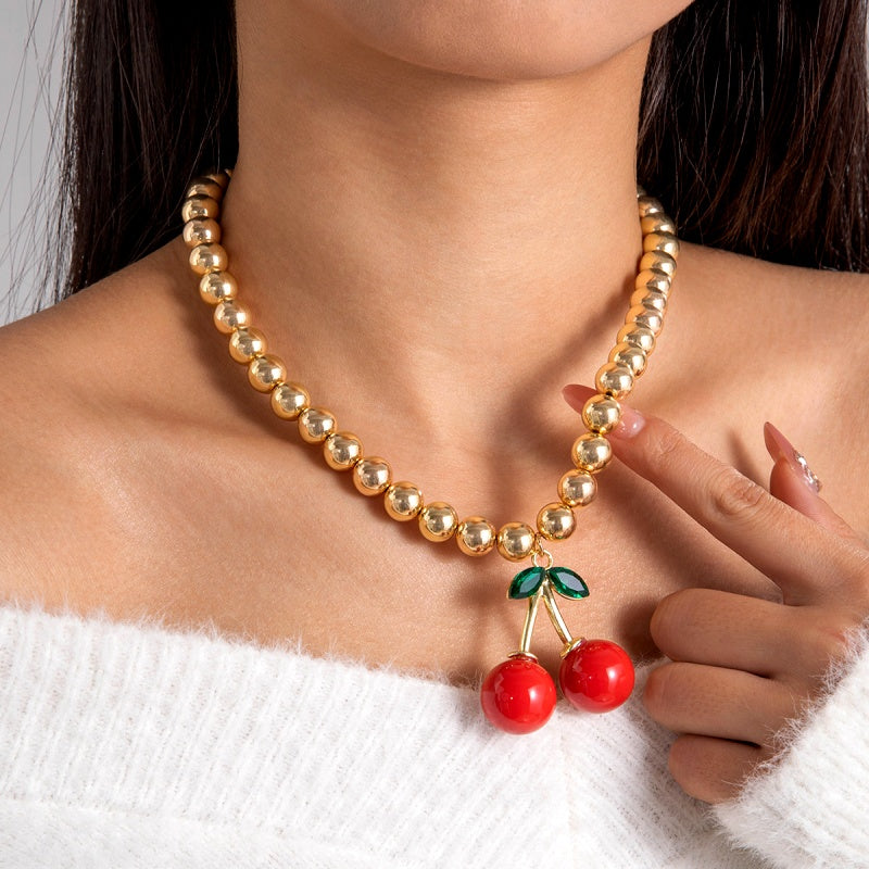 14K Gold-Plated Bead Chain Cherry Necklace