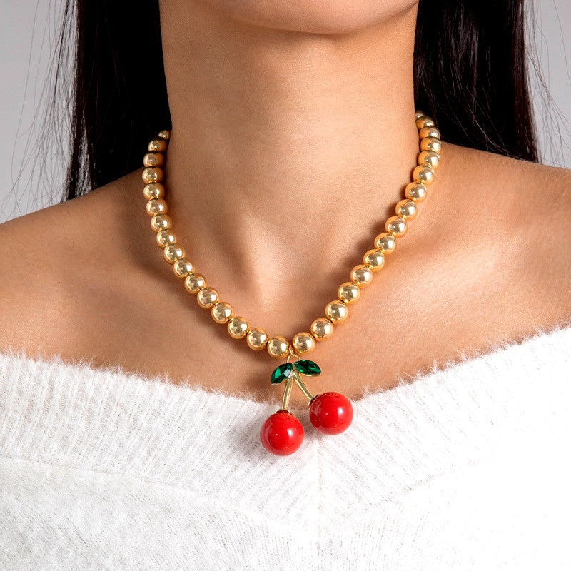 14K Gold-Plated Bead Chain Cherry Necklace