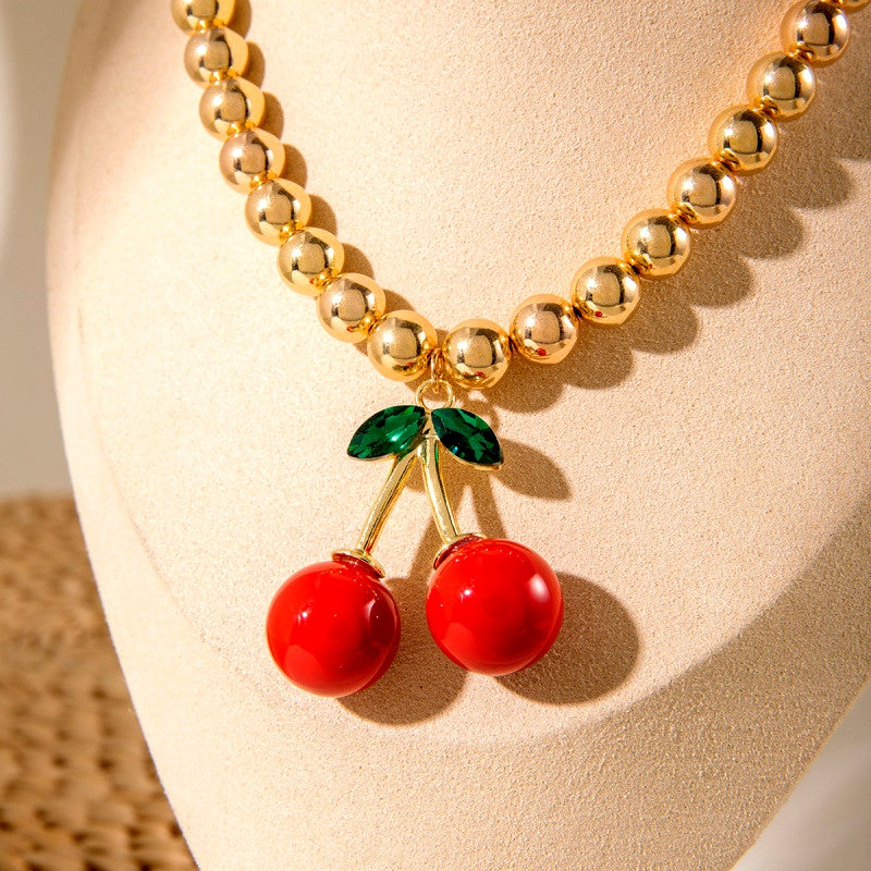 14K Gold-Plated Bead Chain Cherry Necklace