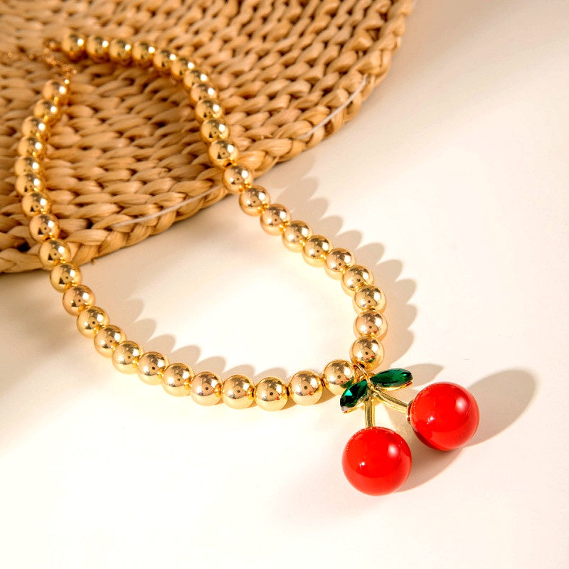 14K Gold-Plated Bead Chain Cherry Necklace