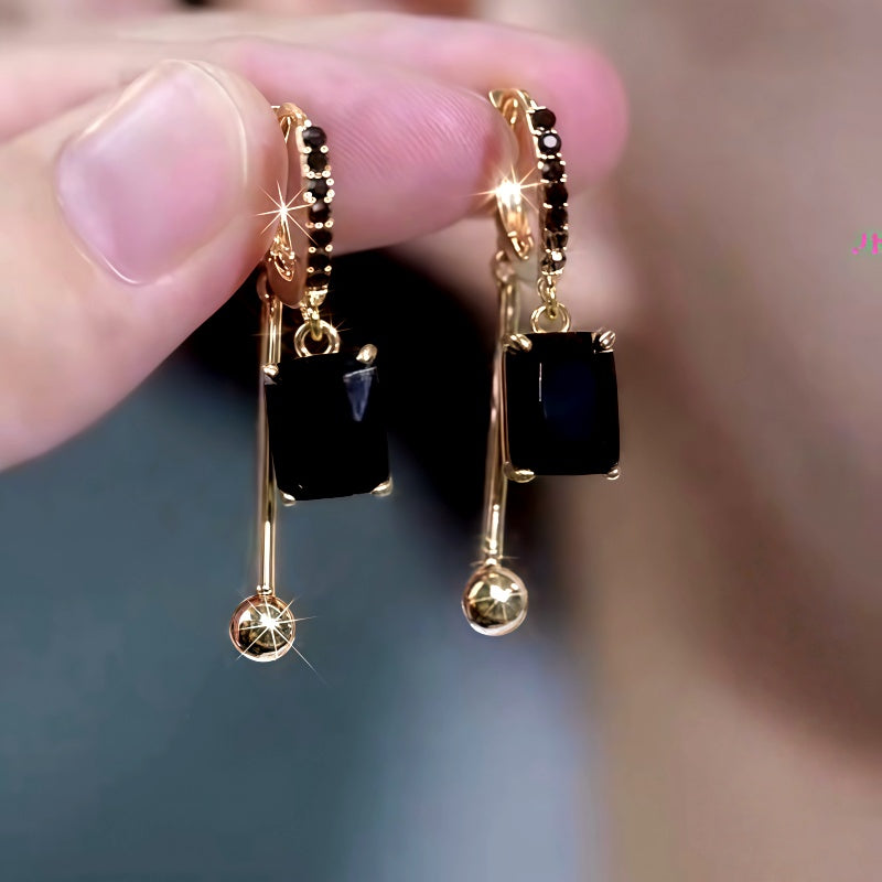 14K Gold-Plated Black Zircon Diamond Tassel Earrings