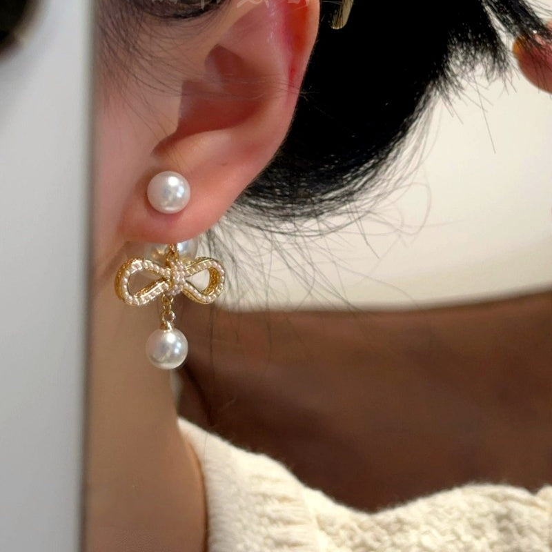 14K Gold-Plated Bow Pearl Earrings