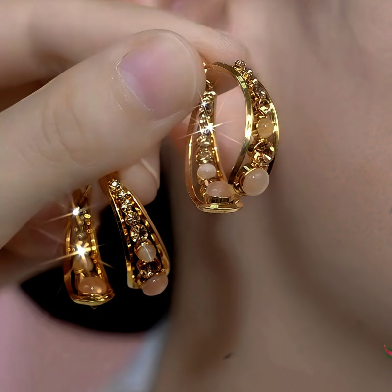 14K Gold-Plated Brown Zircon Diamond Cat's Eye Stone Earrings