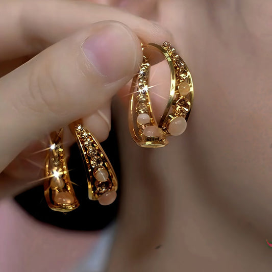 14K Gold-Plated Brown Zircon Diamond Cat's Eye Stone Earrings