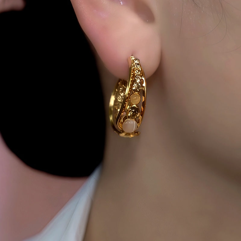 14K Gold-Plated Brown Zircon Diamond Cat's Eye Stone Earrings