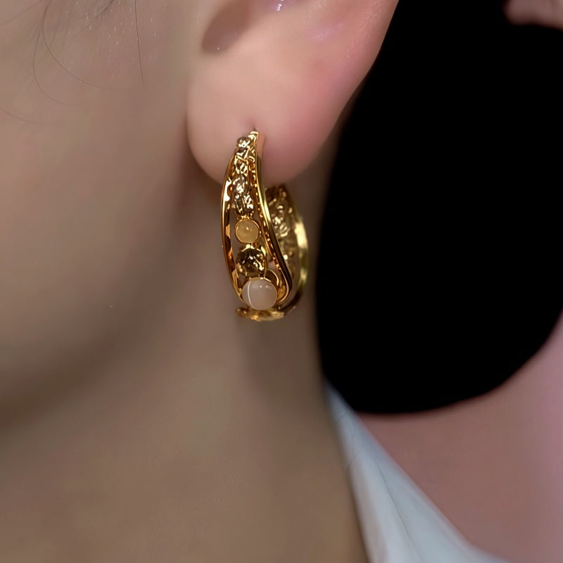 14K Gold-Plated Brown Zircon Diamond Cat's Eye Stone Earrings