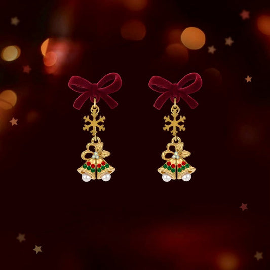 14K Gold-Plated Christmas 2025 Snowflake Bell Bow Earrings