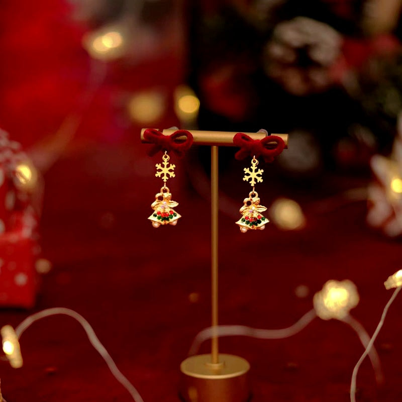 14K Gold-Plated Christmas 2025 Snowflake Bell Bow Earrings