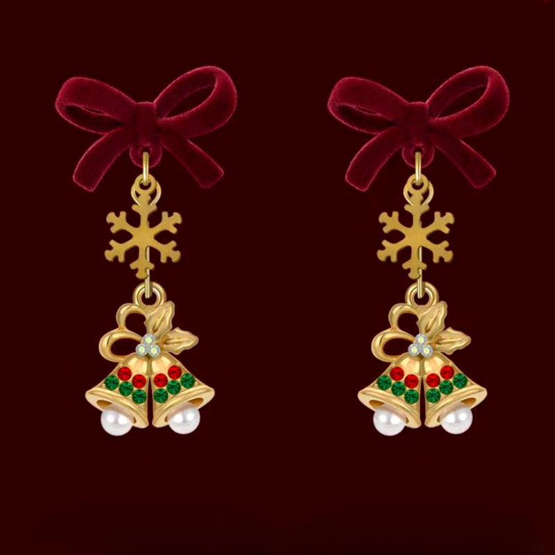 14K Gold-Plated Christmas 2025 Snowflake Bell Bow Earrings