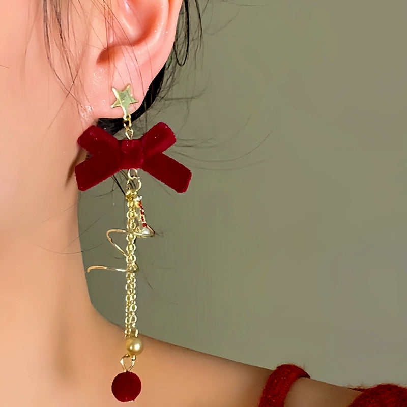 14K Gold-Plated Christmas Bow Tassel Earrings
