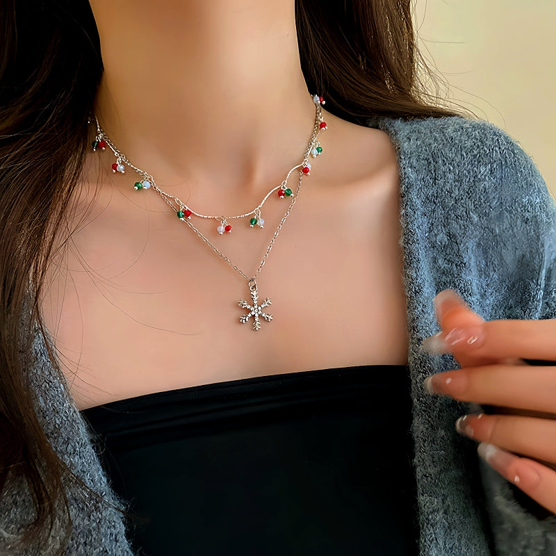 14K Gold-Plated Christmas Colorful Double-Layer Snowflake Necklace