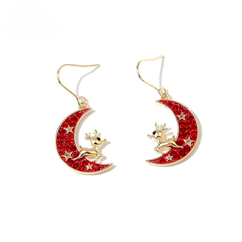 14K Gold-Plated Christmas Deer Moon Ear Hook Earrings