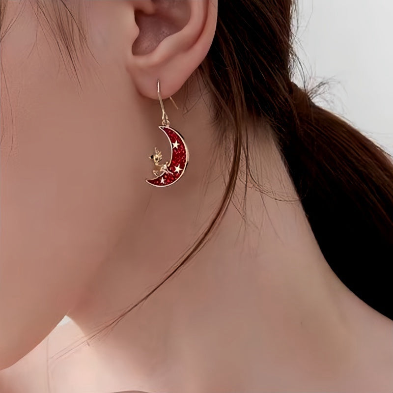 14K Gold-Plated Christmas Deer Moon Ear Hook Earrings