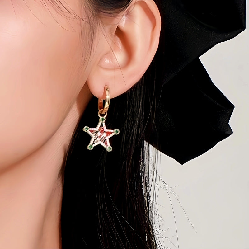 14K Gold-Plated Christmas Diamond-Encrusted Colorful Five-Pointed Star Earrings