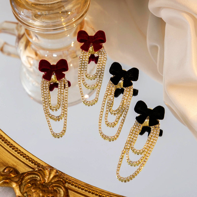 14K Gold-Plated Christmas Diamond And Zircon Flocked Bow Tassel Earrings