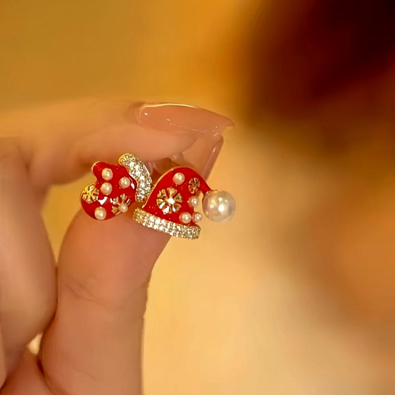 14K Gold-Plated Christmas Diamond Asymmetrical Gloves And Hat Earrings