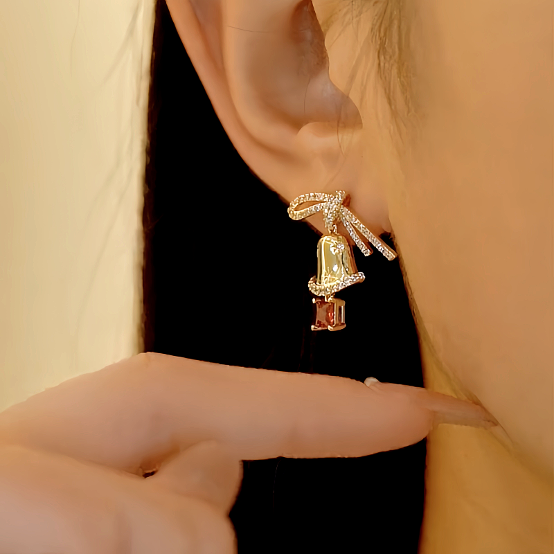 14K Gold-Plated Christmas Diamond Bow Jingle Bell Series Earrings And Necklace