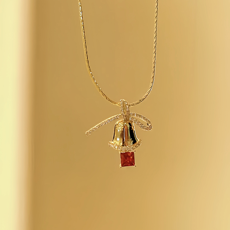 14K Gold-Plated Christmas Diamond Bow Jingle Bell Series Earrings And Necklace
