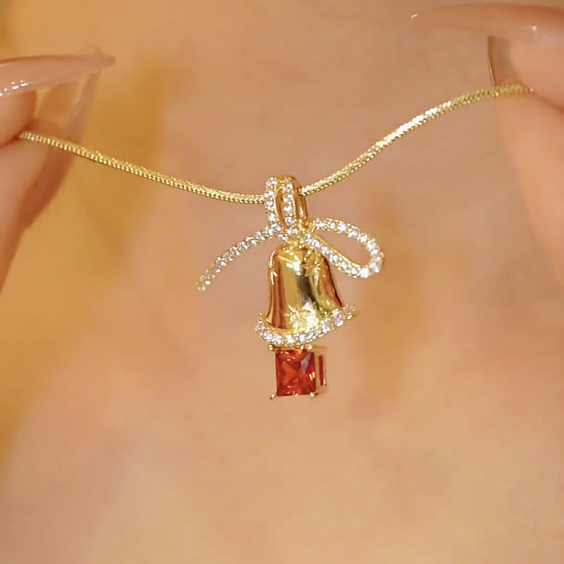 14K Gold-Plated Christmas Diamond Bow Jingle Bell Series Earrings And Necklace