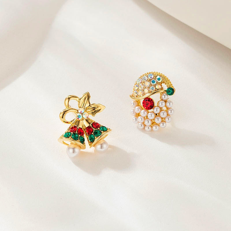 14K Gold-Plated Christmas Diamond Peal Bell And Santa Stud Earrings