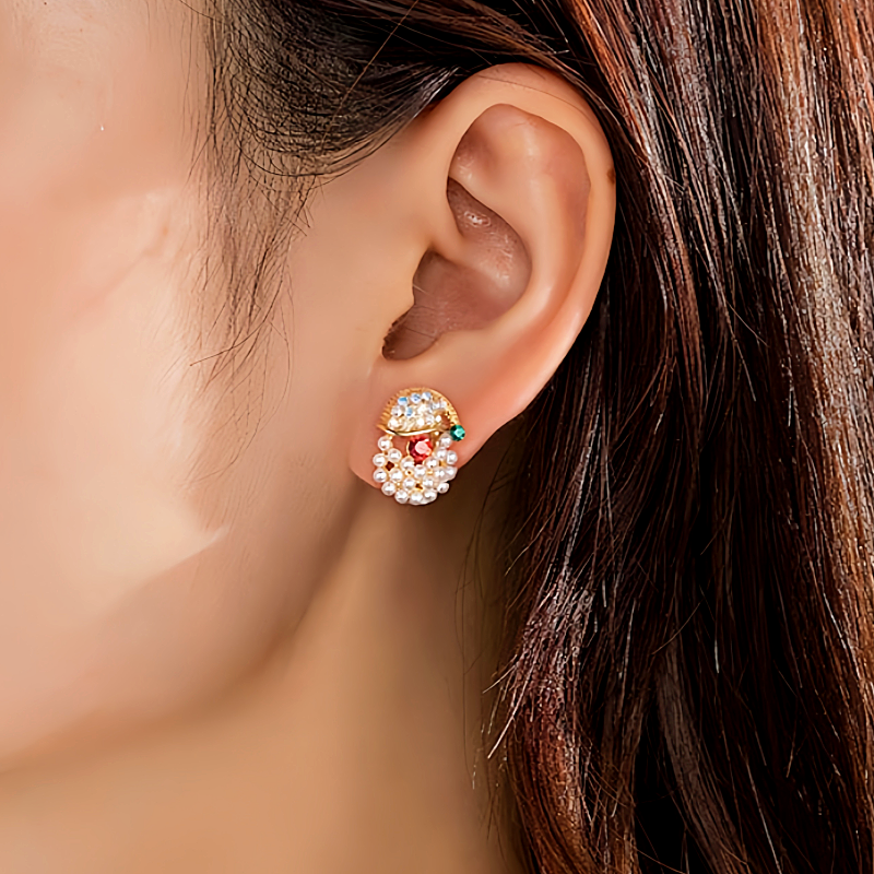 14K Gold-Plated Christmas Diamond Peal Bell And Santa Stud Earrings