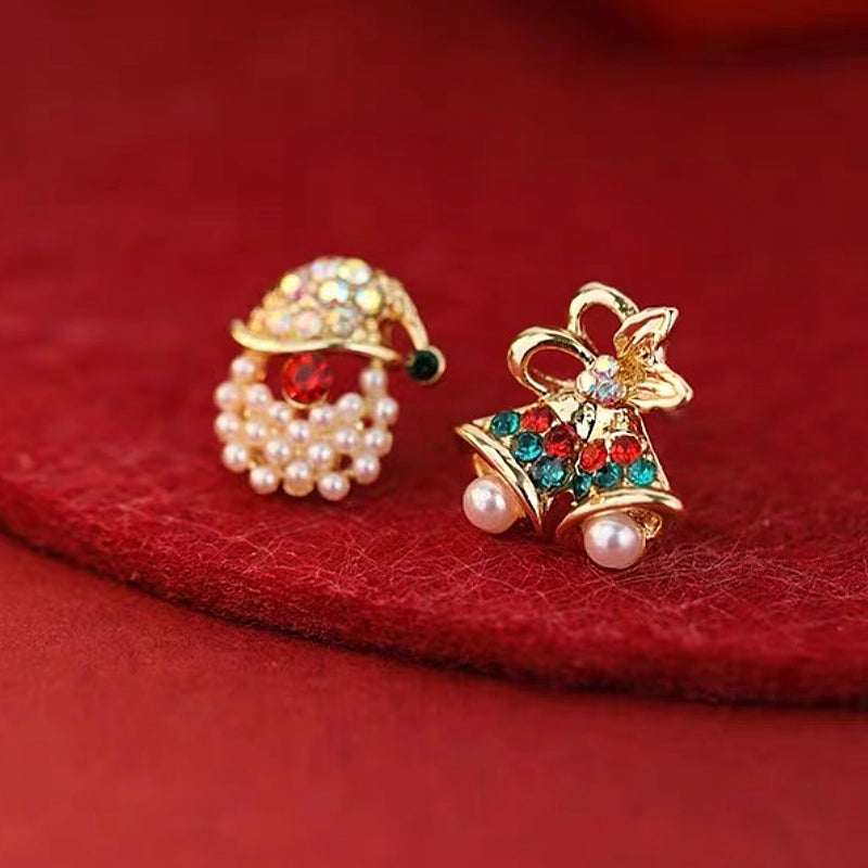 14K Gold-Plated Christmas Diamond Peal Bell And Santa Stud Earrings