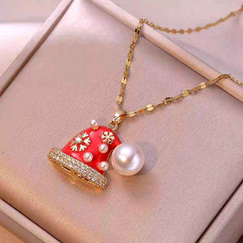 14K Gold-Plated Christmas Diamond Pearl Hat Necklaces