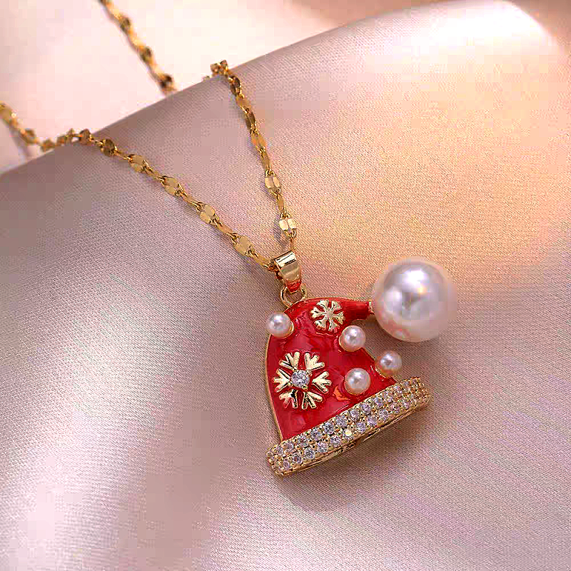14K Gold-Plated Christmas Diamond Pearl Hat Necklaces