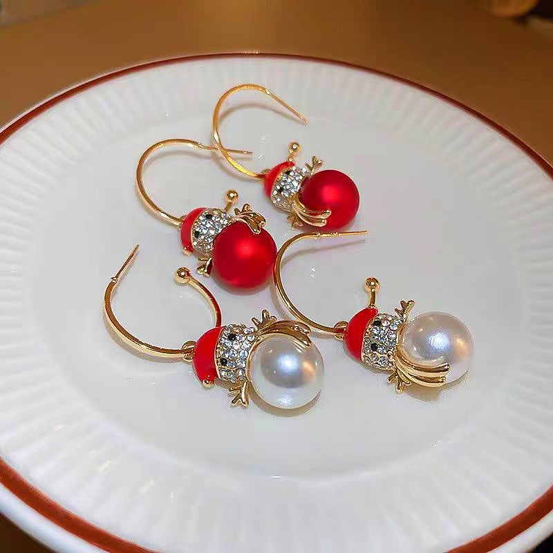 14K Gold-Plated Christmas Diamond Pearl Snowman Earrings